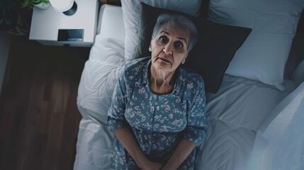 Fototapeta premium Senior Woman Suffering from Insomnia and Anxiety in Bed, Depressed and Stressed Elderly Female Experiencing Menopause and Mental Health Crisis