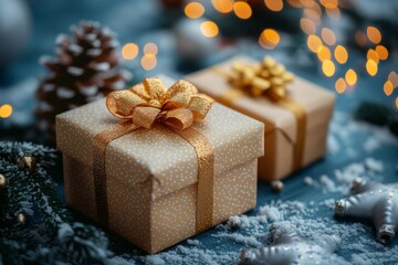 Beautiful pale yellow Christmas presents with golden ribbons surrounded by festive decorations