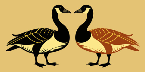 Canada geese. Two birds. The black silhouette and the color vintage style bird. Vector illustration
