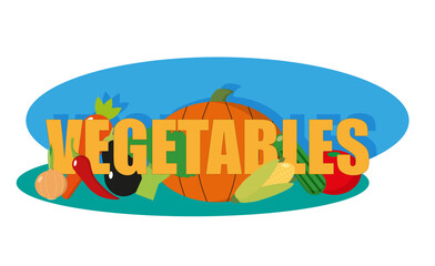 Logotipo vectorial para verduras frescas: etiqueta con pepino, aji, tomate, zapallo, berenjena, zanahoria, choclo, cebolla, brocoli para tiendas virtuales, sitio web, etc