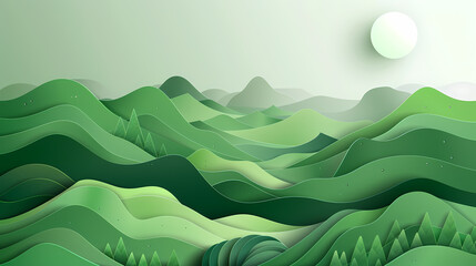 Obraz premium Green nature mountains landscape.3d Paper cut abstract minimal nature scene, template background.Vector illustration.
