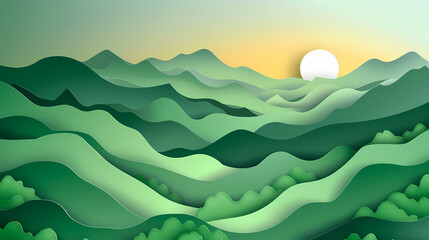 Obraz premium Green nature mountains landscape.3d Paper cut abstract minimal nature scene, template background.Vector illustration.