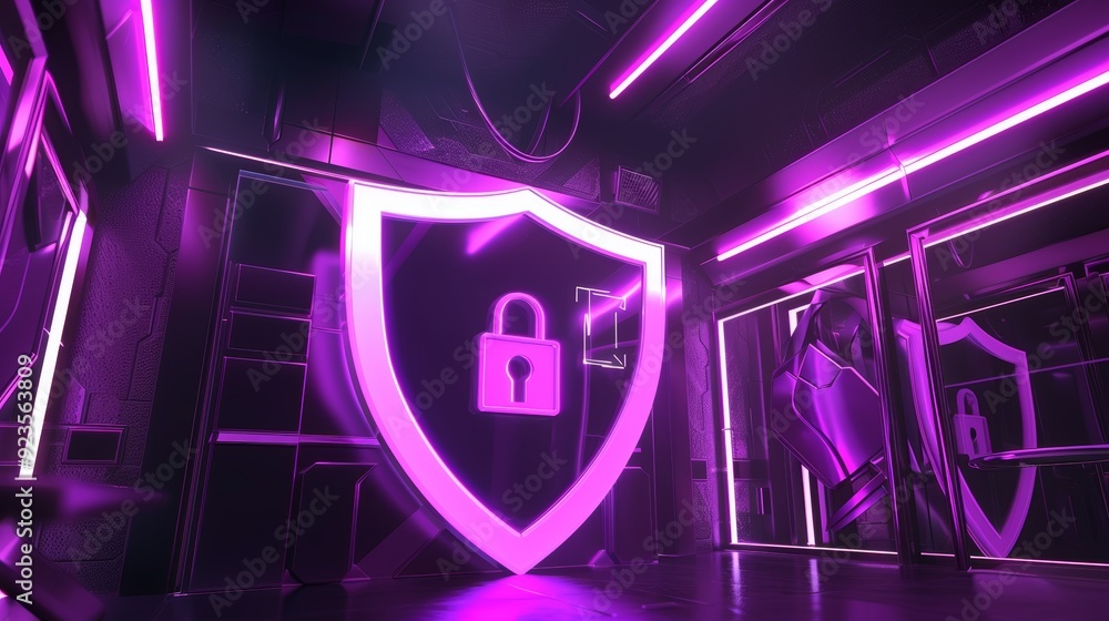 Poster futuristic digital security shield with lock for firewall protection against viruses and malware in 