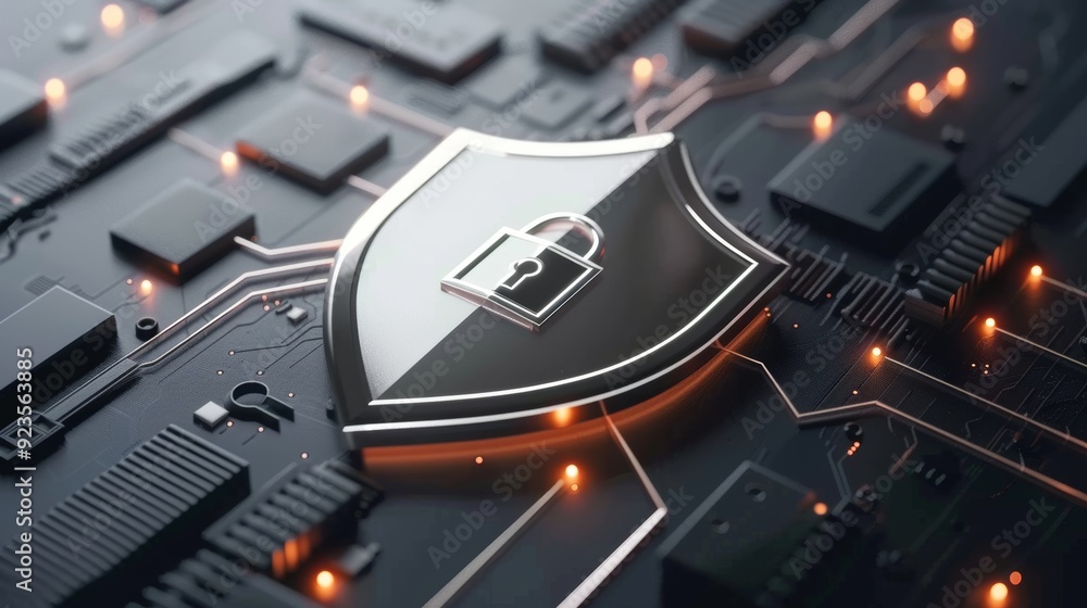 Poster futuristic digital security shield with lock for firewall protection against viruses and malware in 