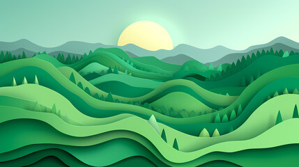 Green nature mountains landscape.3d Paper cut abstract minimal nature scene, template background.Vector illustration.