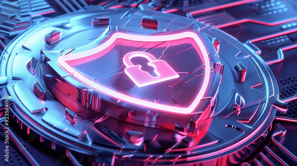 Poster futuristic digital security shield with lock for firewall protection against viruses and malware in 