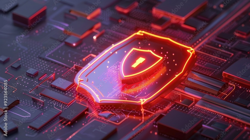 Poster futuristic digital security shield with lock for firewall protection against viruses and malware in 