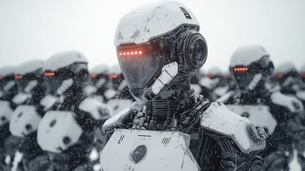 Futuristic Army of Robots Standing in Formation During Snowy Day in a Dystopian Landscape.