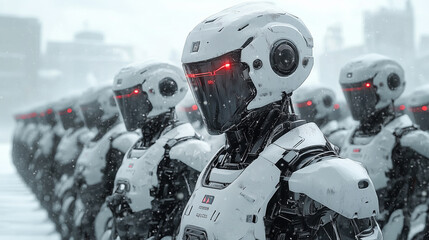 Futuristic Army of Robots Standing in Formation During Snowy Day in a Dystopian Landscape.