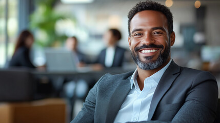 Portrait of a business man sitting in an office with his colleagues in the background. Happy business man working in a co-working office.