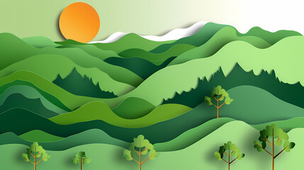 Obraz premium Green nature mountains landscape.3d Paper cut abstract minimal nature scene, template background.Vector illustration.