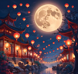 Fototapeta premium Mid-autumn festival background banner, image of a big full moon in the night sky, surrounded by colorful lanterns.