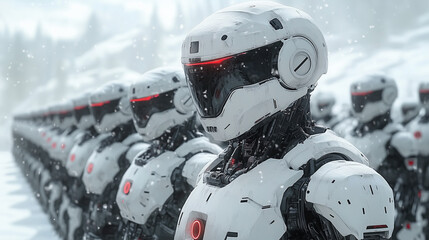 Futuristic Army of Robots Standing in Formation During Snowy Day in a Dystopian Landscape.