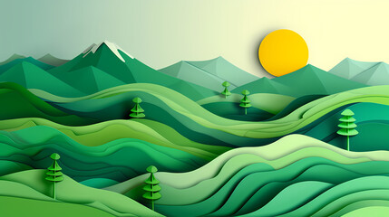 Obraz premium Green nature mountains landscape.3d Paper cut abstract minimal nature scene, template background.Vector illustration.