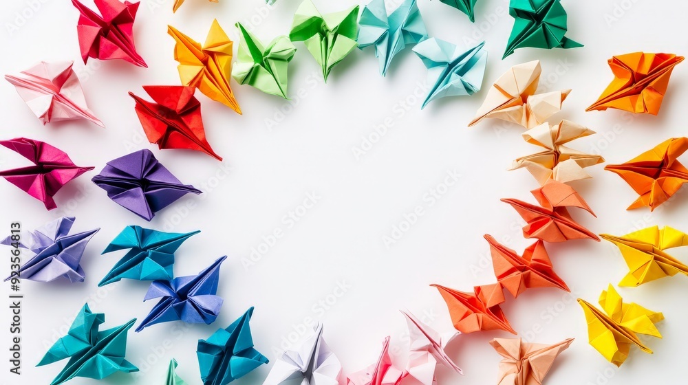 Poster colorful origami paper cranes arranged in a circular pattern on a white background creating a vibran