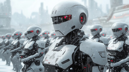 Futuristic Army of Robots Standing in Formation During Snowy Day in a Dystopian Landscape.