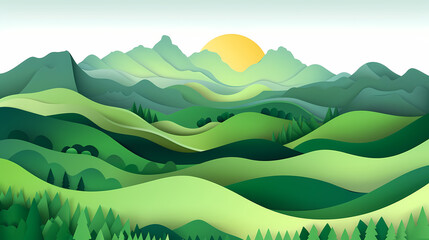 Obraz premium Green nature mountains landscape.3d Paper cut abstract minimal nature scene, template background.Vector illustration.