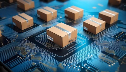 The Future of Logistics A captivating visual of a circuit board with numerous cardboard boxes, representing the interconnectedness of modern supply chains.