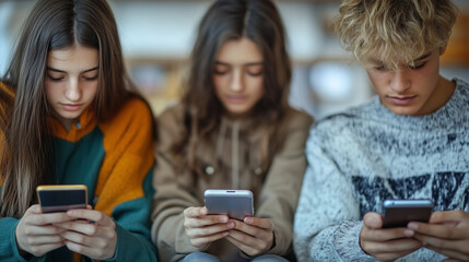 Obraz premium Group of young people using and looking at mobile phone while sitting together.