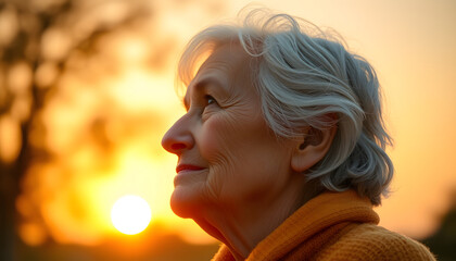 An elderly woman gazes serenely into the sunset, reflecting wisdom and contentment amidst the golden hour glow isolated with white highlights, png