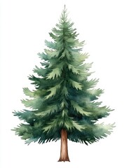 Fototapeta premium Idyllic Watercolor Forest with Tall Green Pine Trees on White Background Peaceful and Serene Landscape of a Botanical Nature Scene