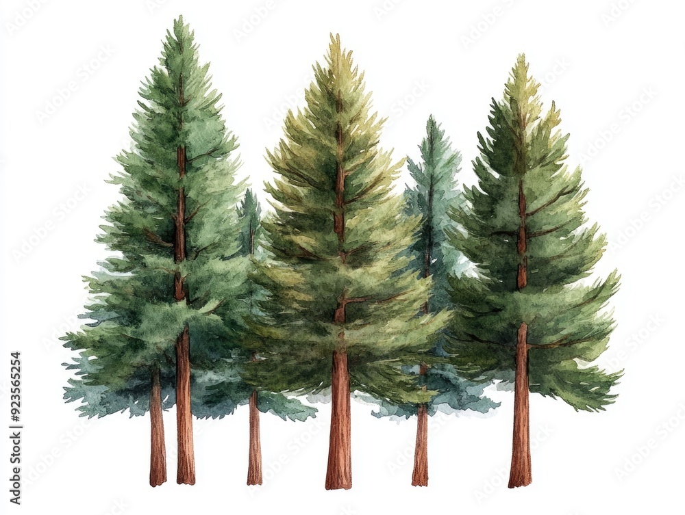 Poster serene watercolor painting of a forest with a textured cedar tree in the center isolated on a clean 