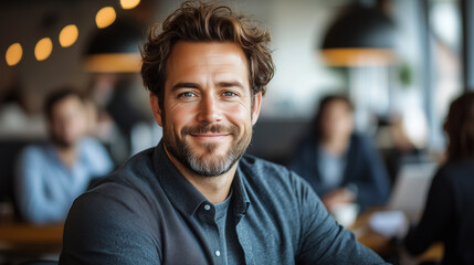 Fototapeta premium Portrait of a business man sitting in an office with his colleagues in the background. Happy business man working in a co-working office.