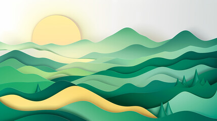 Obraz premium Green nature mountains landscape.3d Paper cut abstract minimal nature scene, template background.Vector illustration.