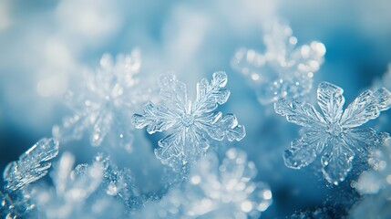 Glistening snowflakes on frosty window, close-up macro shot, intricate ice crystals, winter wonderland, natural elegance, soft focus edges, high resolution, cold and crisp atmosphere.