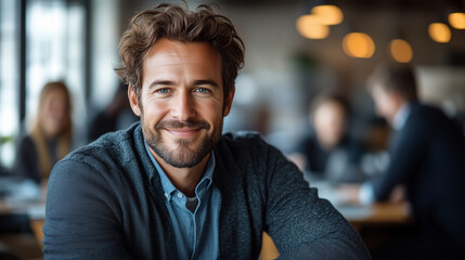 Fototapeta premium Portrait of a business man sitting in an office with his colleagues in the background. Happy business man working in a co-working office.