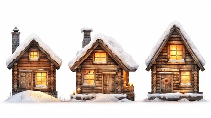 Cozy wooden cabins covered in snow during winter evening