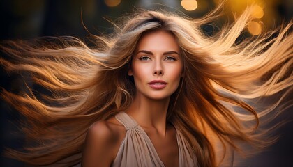 Fototapeta premium Whirlwind of Emotion A captivating portrait of a woman with flowing blonde hair, captured in a dynamic blur, showcasing a mix of raw emotion and ethereal beauty. The image evokes a sense of movement