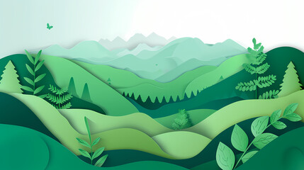 Obraz premium Green nature mountains landscape.3d Paper cut abstract minimal nature scene, template background.Vector illustration.