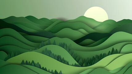 Obraz premium Green nature mountains landscape.3d Paper cut abstract minimal nature scene, template background.Vector illustration.