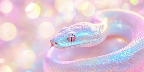 Obraz premium Closeup of a cute harmless pink holographic snake against bokeh and glitter background. Rainbow snake with scales surrounded by bubbles, soft focus, ethereal setting. Symbol of 2025