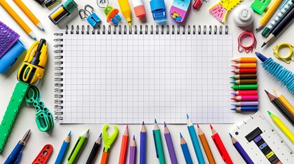 Colorful Education Back to School Background with Stationery Supplies and Blank Notebook for Creative Learning