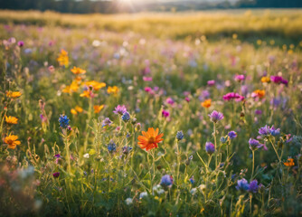 Vibrant Wildflower Meadow During Sunset in Late Spring Season