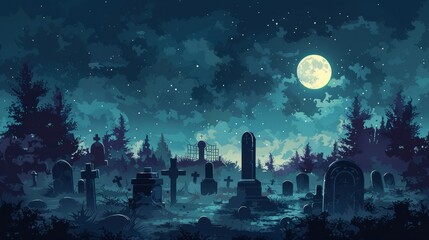 Naklejka premium Mysterious graveyard under a full moon with dark clouds and silhouettes of trees at night