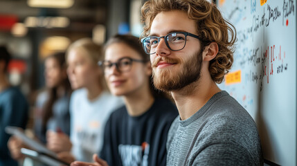 Obraz premium Mixed team of software engineers brainstorming ideas. Diverse app developers collaborating as group.