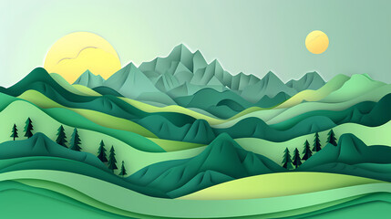 Obraz premium Green nature mountains landscape.3d Paper cut abstract minimal nature scene, template background.Vector illustration.