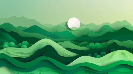 Obraz premium Green nature mountains landscape.3d Paper cut abstract minimal nature scene, template background.Vector illustration.