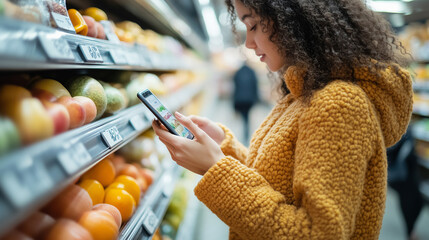 Young woman shopping healthy food in supermarket blur background. Close up view girl buy products using smartphone in store. Hipster at grocery using smartphone. Person comparing the price of produce.