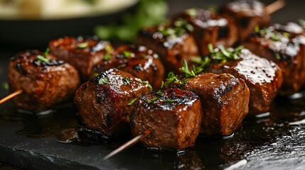 Juicy grilled beef kebabs, skewers of marinated meat chunks, caramelized glazed surface, green herb garnish, close-up detailed food photography, black marble table background.