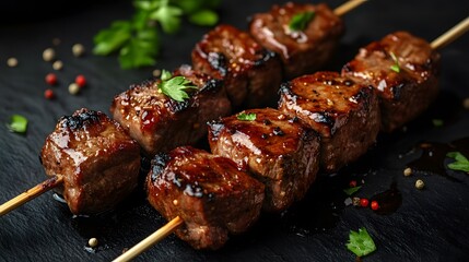 Juicy grilled beef kebabs, skewers of marinated meat chunks, caramelized glazed surface, green herb garnish, close-up detailed food photography, black marble table background.