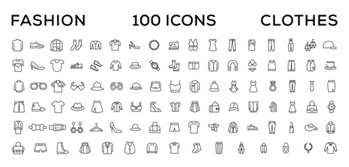 Fashion Minimal line icons collection. Jacket, Winter Coat, Sweatshirt, Dress, Hoody, Jeans, Hat icon for apps and website