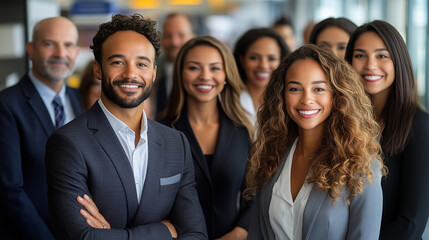 Obraz premium A diverse group of businesspeople poses for a professional team photo, exuding confidence and professionalism, while looking smart and impeccable.