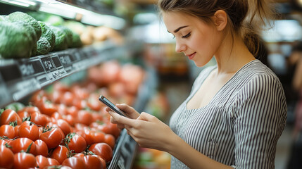 Young woman shopping healthy food in supermarket blur background. Close up view girl buy products using smartphone in store. Hipster at grocery using smartphone. Person comparing the price of produce.
