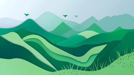 Obraz premium Green nature mountains landscape.3d Paper cut abstract minimal nature scene, template background.Vector illustration.