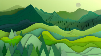 Obraz premium Green nature mountains landscape.3d Paper cut abstract minimal nature scene, template background.Vector illustration.