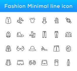 Fashion Minimal line icons collection. Jacket, Winter Coat, Sweatshirt, Dress, Hoody, Jeans, Hat icon for apps and website